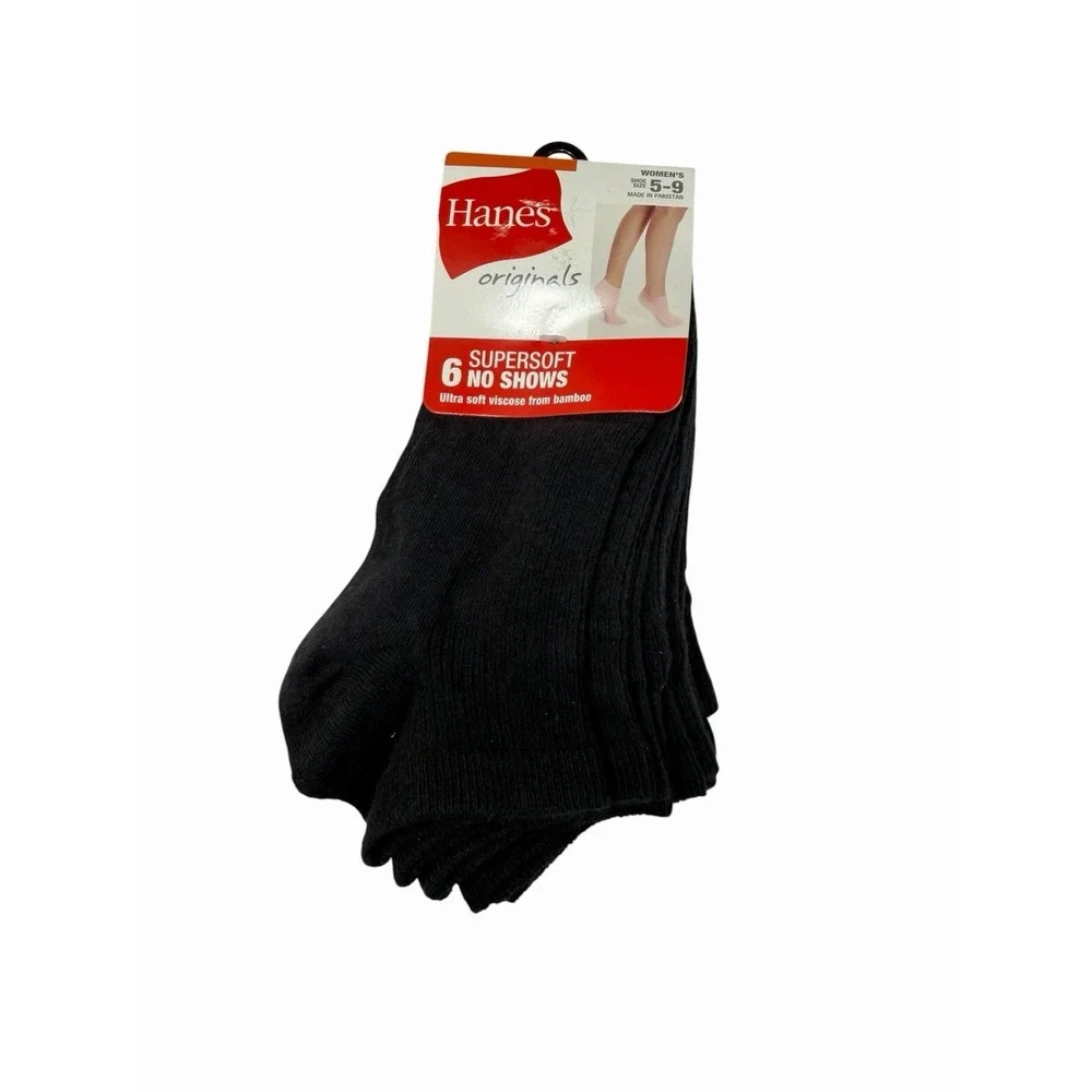 hanes 6 pairs womens super soft no show ankle socks black size 5-9
